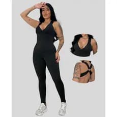 Macacão Longo Feminino Decote em V Bojo Removível com Argola nas Costas Fitness Academia