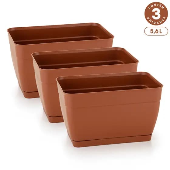 Kit 3 Floreiras com Prato Anti-Dengue 5,6L Jardineiras Vasos Plásticos Retangulares Diversas Cores