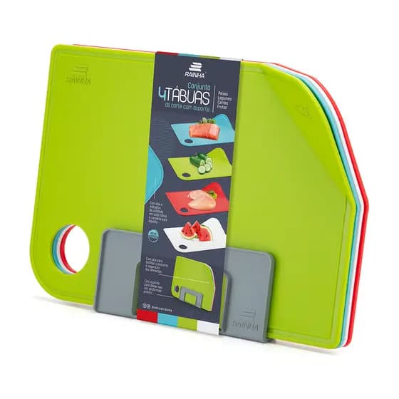 Kit 4 Tábuas de Corte para Carne Churrasco Legumes com Suporte Coloridas Antiderrapante Cozinha