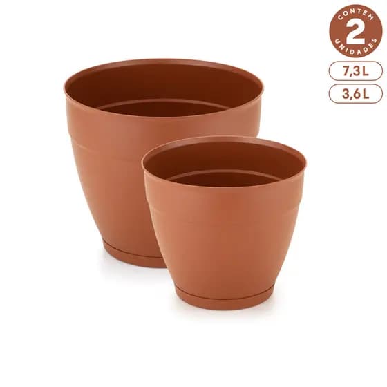Kit 1 Vaso 7,3L e 1 Vaso 3,6L com Prato Anti-Dengue Plástico Interno Externo Diversas Cores