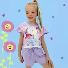 Conjunto Infantil kukie  Poppy Filme Trolls Shorts e Cropped