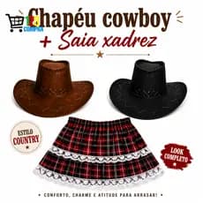 Kit Completo Chapéu Cowboy + Saia Xadrez Feminino (30–40 cm)