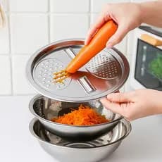Tigela 3 em 1 Ralador Fatiador Bacia Escorredor Legumes Queijo Manual Cozinha Pratica