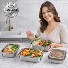 Kit 3 Potes De Aço Inox Hermético Com Tampa Vasilha Marmita Multiuso Para Alimentos Cozinha