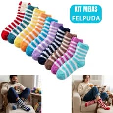 Kit Meia Felpuda  Feminina e masculina Unissex Listrada Cano Médio Adulto Atoalhada fofinha