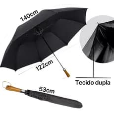 Kit 3 pçs Guarda-Chuva Preto Grande com Abertura Automática, Tecido Duplo e Cabo de Madeira