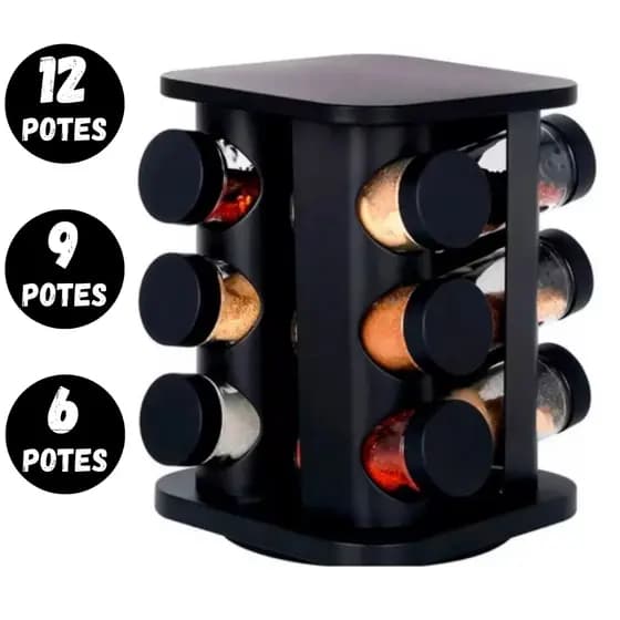 Porta Temperos Giratório 12, 9 ou 6 Potes Vidro Condimento Dosador Cor Preto