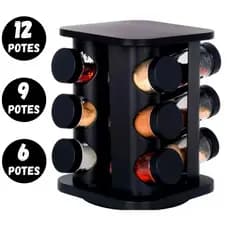 Porta Temperos Giratório 12, 9 ou 6 Potes Vidro Condimento Dosador Cor Preto