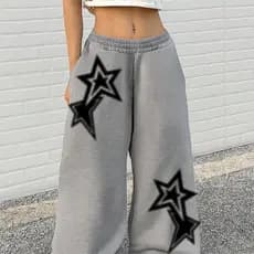 Calça Wide Leg Streetwear Estilo Y2k Estrelas Evento Star Moda Urbana Casual Barra Reta Flanelada