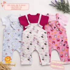 Jardineira + Body Em Suedine Confortável Para Bebê Menina e Menino Estampas Diversas - Oferta Direto Da Fábrica 1 ou 2un