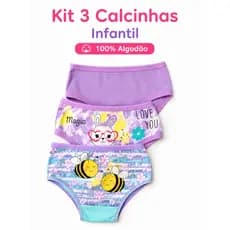 Kit 3 Calcinhas Infantil Menina 100% Algodão Confortável Estampada Macia Com Forro