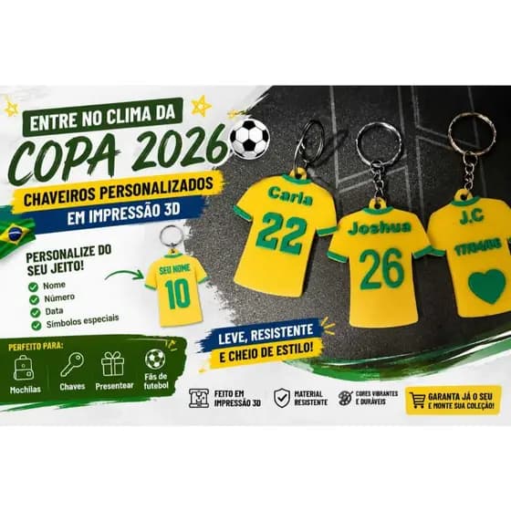 Chaveiro Camisa da Copa do Mundo Personalizado em 3D com Nome e Número