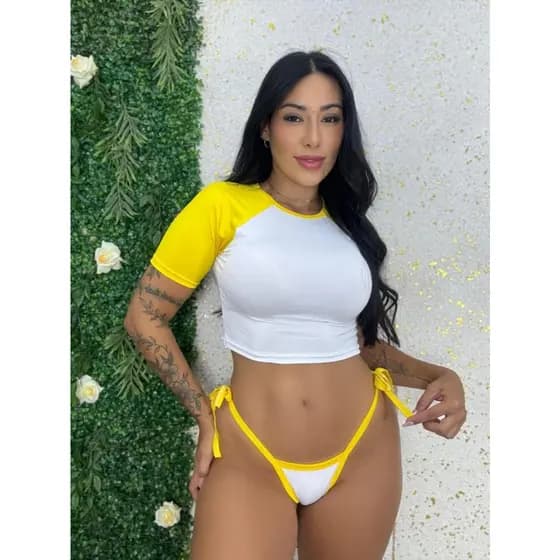 Biquini com Cropped Bicolor Mel Maia Biquni Fio Marquinha Moda Praia Biquini de Amarrar Ajustavel Piscina