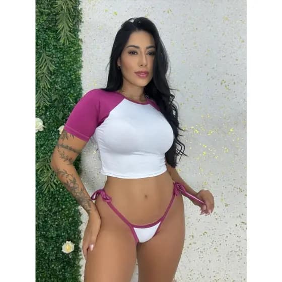 Biquini com Cropped Bicolor Mel Maia Biquni Fio Marquinha Moda Praia Biquini de Amarrar Ajustavel Piscina