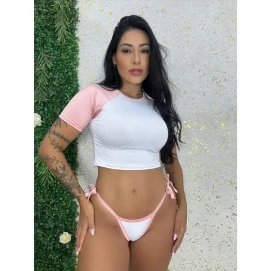 Biquini com Cropped Bicolor Mel Maia Biquni Fio Marquinha Moda Praia Biquini de Amarrar Ajustavel Piscina