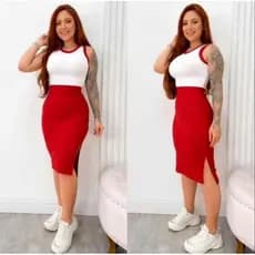 Conjunto Bicolor Cropped + Saia Mide com Fenda lateral Ribana Canelada Moda Feminina Tendência Blogueirinha