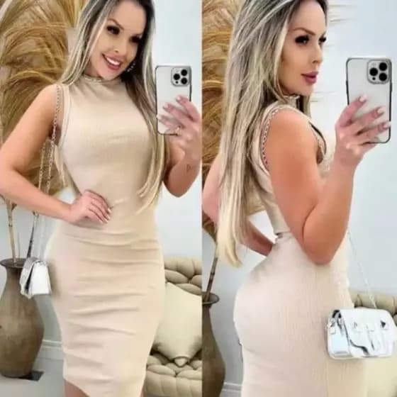 Kit 2 Vestidos Malha Canelada Com Fenda Frontal Moda Casual Feminino