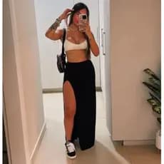 Saia Longa Fenda Canelada Feminina Moda Verão Ano Novo Natal Casual Tendencia Gringa