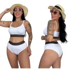Conjunto Biquíni Cropped Top Com Alcinha Bojo Removivel + Calcinha Alta Elástico Vazado Praia Piscina Ano Novo Natal