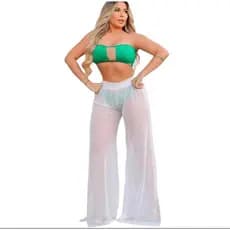Calça de Tulle Pantalona com Cós na Calça Praia Piscina Final de Ano Natal Ano Novo Tule Saida de Praia Moda Feminina
