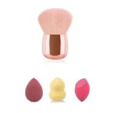 Kit Pincel Kabuki  Rosa Make Glamour TikTok + 3 esponjas mistas Make