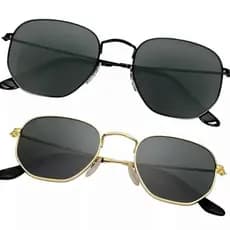 Óculos de Sol Hexagonal + Estojo 100% UV400 Feminino e Masculino De Praia Preto e Dourado