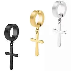 Brinco de Pressão Masculino Feminino Aço Inox de Cruz Crucifixo Dourado Preto Prata Holográfico
