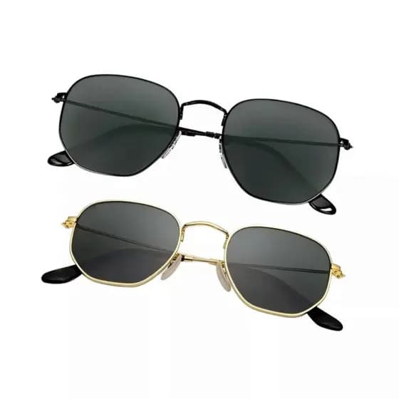 Óculos de Sol Hexagonal 100% UV400 + Estojo Feminino e Masculino De Praia Black e Dourado
