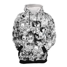 Moletom Canguru Anime Manga Preto e Branco Estampa Full Print Unissex Casual com Capuz Maior 18