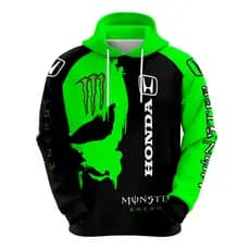 Moletom Canguru honda Monster Energy Verde e Preto Masculino Com Capuz Blusa de Frio Estampada Premium
