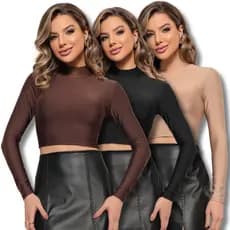 Kit 3 Cropped em Suplex Manga Longa Gola Alta Blusa Casual Tendência Meia Estação