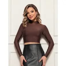Cropped Gola Alta em Suplex Manga Longa Blusa Casual Croped Meia Estação