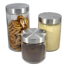 Kit 3 Pote Vidro Liso Tampa Rosca Inox Mantimento Cozinha Conjunto Bambu Plastico Hermetico Marmita