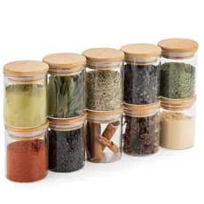 Kit 10 Potes De Vidro 110ml Hermético Mantimentos Tampa Bambu Porta Tempero Plastico Tapuer Marmita