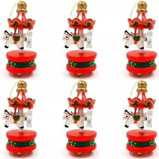 Kit 6 Mini Carrossel De Madeira De Natal Enfeite Decoração Festa Presente Festao Mesa Jardim