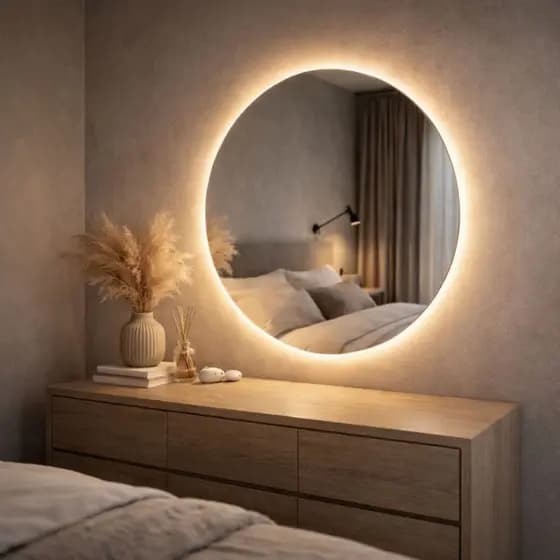 Espelho Com Led Redondo grande moderno organico kit instalação fonte bivolt ou bateria sala banheiro
