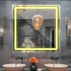 Espelho Quadrado com led botao touch Jateado 90x90 Led Amarelo Com Fonte bivolt