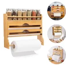 Porta Rolo Duplo Organizador Bambu Papel Alumínio Filme PVC Cortador Dispenser Cozinha Suporte y888