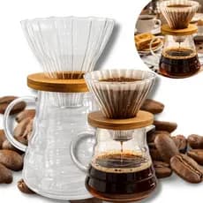 KIT Cafeteira Pour Over de Vidro, 600ml, com Suporte de Filtro em Bambu, Base Ondulada