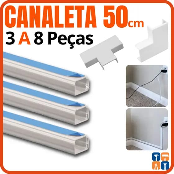Canaleta Organizador de Fios com Fita Adesiva 50cm Emenda e Cotovelo 20 x 10mm Esconde Fio Cabo