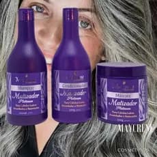 Kit Matizador Platinum Maycrene 3x500ml cada, ideal para cabelos loiros, brancos ou grisalhos. Renova e realça