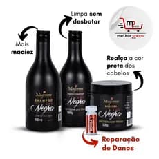 Kit Matizador Lama Negra Tonaliza Cabelos Pretos e Castanho Escuro com AMPOLA de Reparação - 4 Prod.