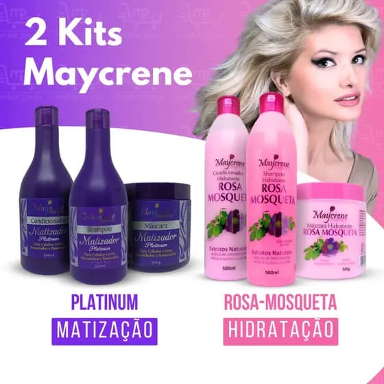 2 Kits Maycrene Hidratação e Matização Capilar (Kit Rosa-Mosqueta + Kit Matizador Platinum) 6x500