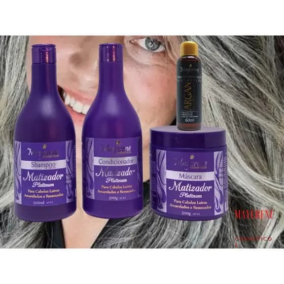 Kit Matizador Platinum Maycrene ( Shamp + Cond + Másc ) + Oleo Umectante Argan Ouro Marroquino 4 Produtos