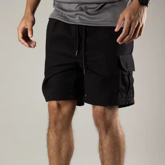Shorts Cargo Bermuda de Sarja Masculino Premium 100% Algodão Cima do Joelho Bolsos laterais Caqui