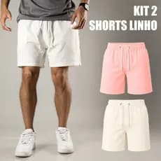 Kit 2 Shorts em Linho Masculino Premium Mauricinho  Social Casual Moda Praia verão Brim Fresquinho