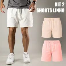 Kit 2 Shorts em Linho Masculino Premium Mauricinho  Social Casual Moda Praia verão Brim Fresquinho