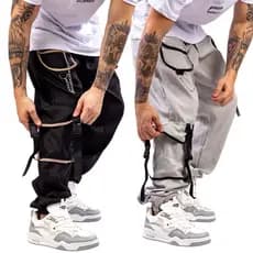 Kit 2 Preto e Cinza Calça Cargo Jogger Unissex Estilo Gringa Coreana  Bolsos Laterais Larga tactel