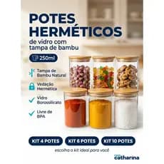 Kits 4|6|10 Potes Herméticos Vidro 250ml Tampa Bambu Vedação Para Temperos Mantimentos e Condimentos