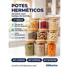 Kits 4|6|10 Potes Herméticos Vidro 300ml Tampa Bambu Vedação Para Temperos Mantimentos e Condimentos